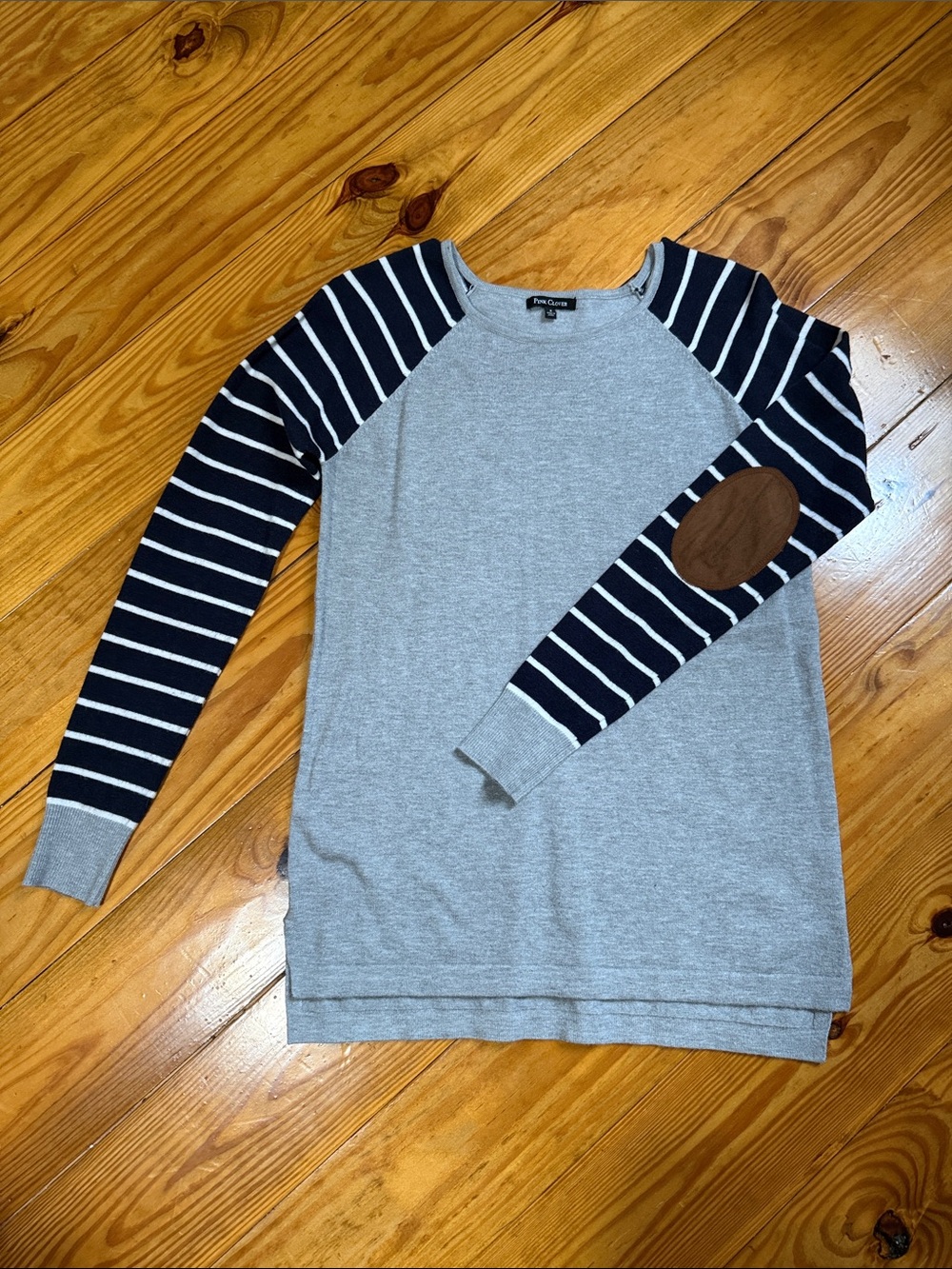 Pink Clover Gray Crewneck Sweater with Navy & White Striped Raglan Sleeves